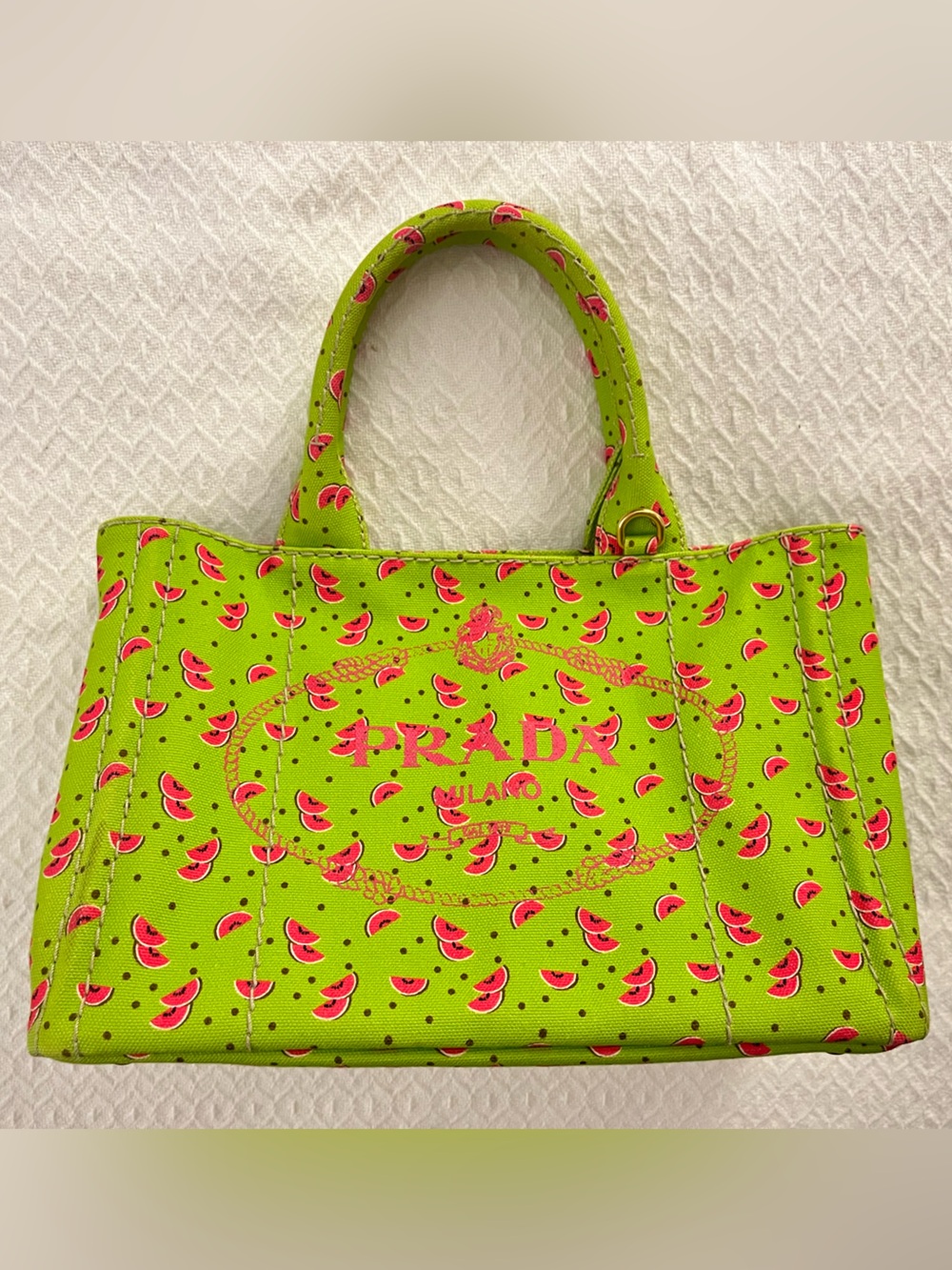 Prada Canapa Neon Lime and Pink Watermelon Print Tote